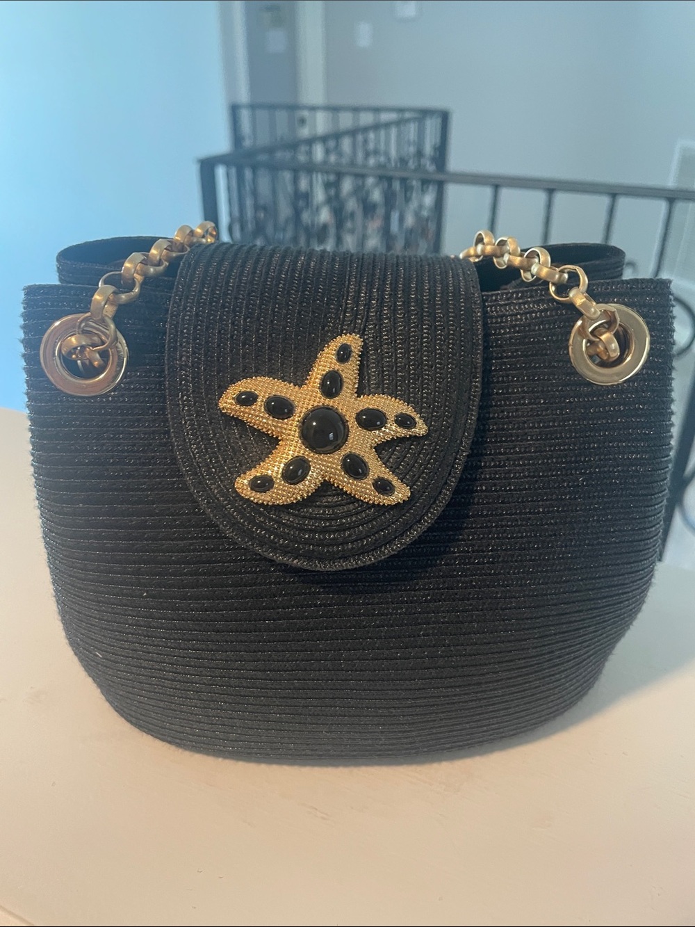 Eric Javits Black Rafia Bag with Gold Starfish Accent - Picture 3 of 9